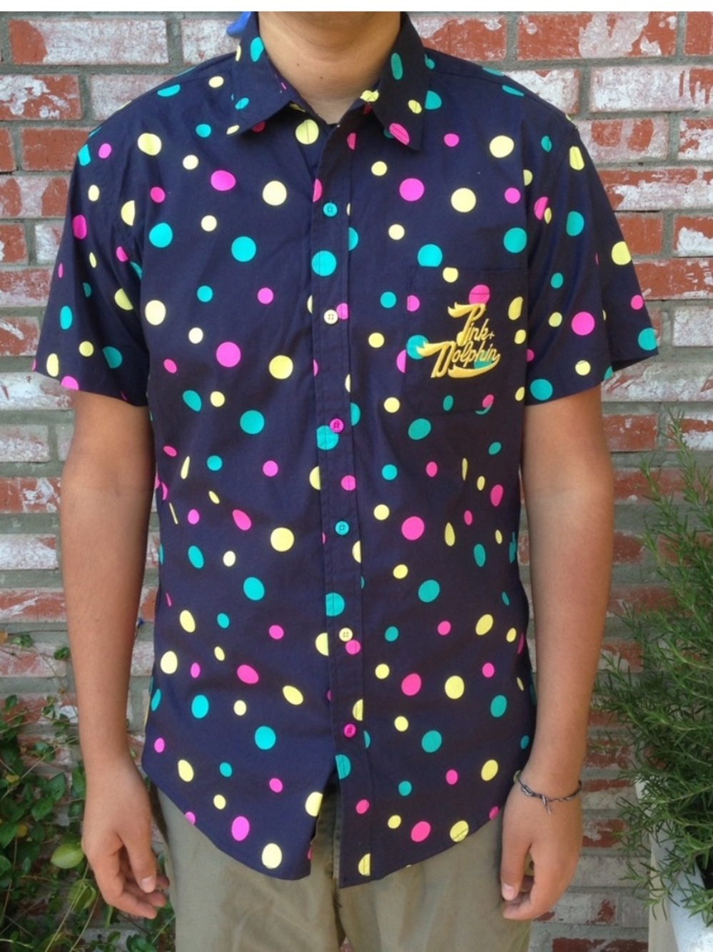 Pink Dolphin Allover Colorful Polka Dot Short Sleeve 100% Cotton Button Up Shirt